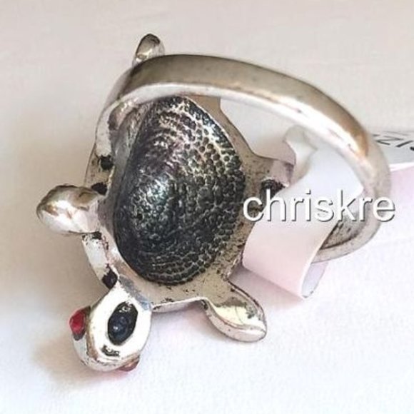 Silver Sea Life Turtle Cocktail Ring Size 6 Champagne Peach Crystals Plated Cute - Picture 8 of 8